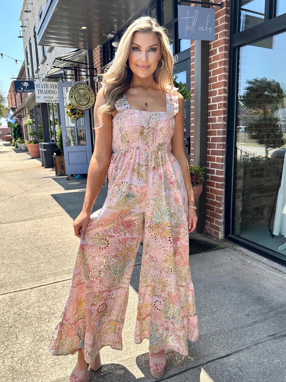 Women's Pink Floral Eyelet Wide-Leg Jumpsuit